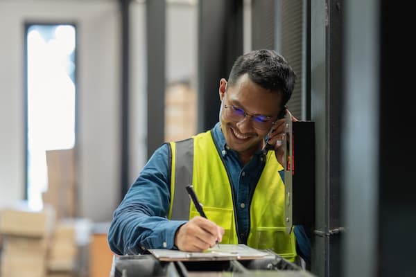 A smiling warehouse worker on the phone and filling paperwork
