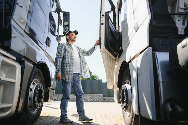 A truck driver opening a truck door