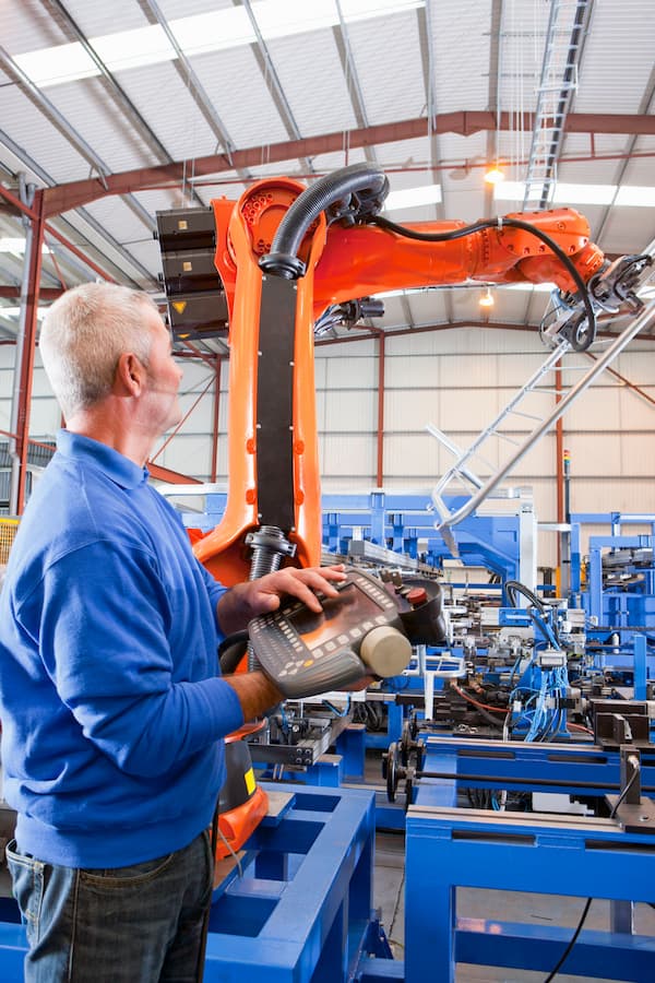 Worker Controlling Robotic Machinery Lifting Steel Fencing In Manufacturing Plant