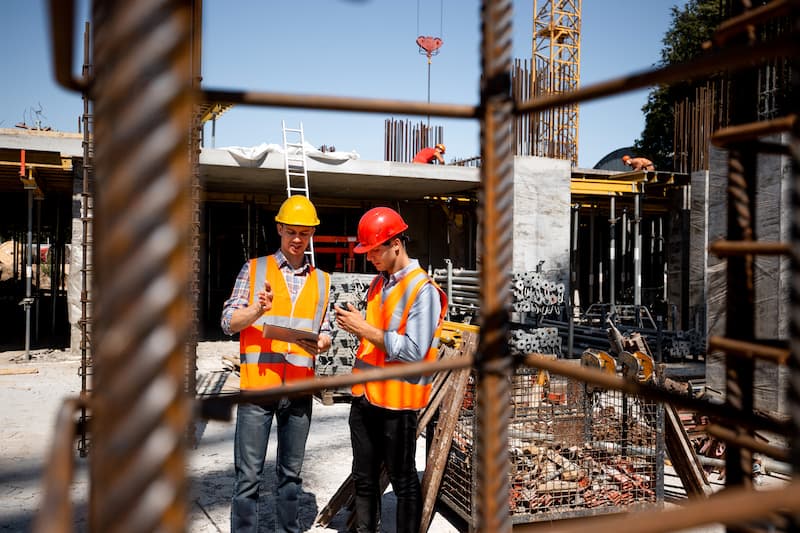 Construction workers discussing and overviewing a document