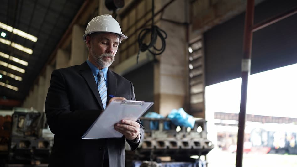 a factory manager reviewing documents on industrial site