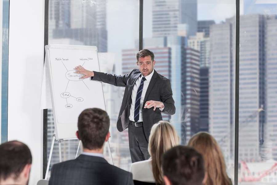 Businessman presenting at brainstorming session in office