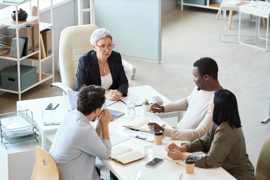 High angle view at mature businesswoman leading meeting in office