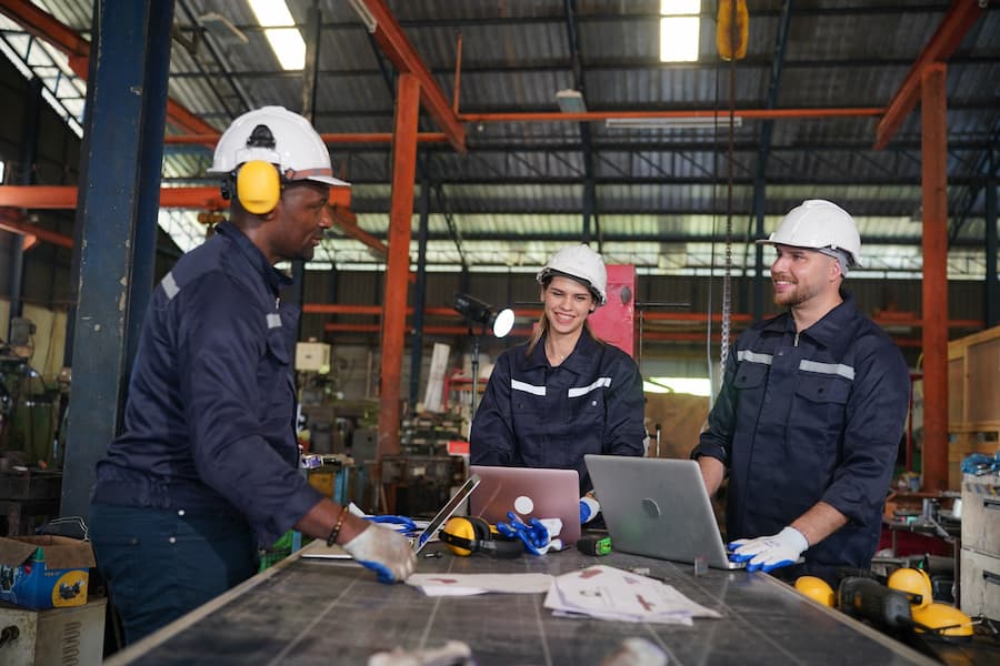 Metal industry worker at factory, Business industry and lathe background.
