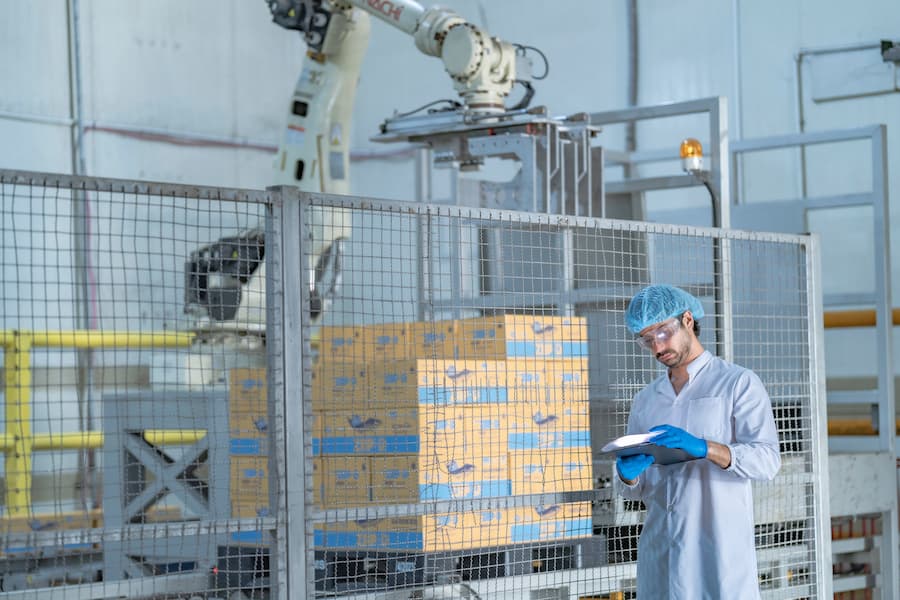 A quality control supervisor in protective gear in food factory.
