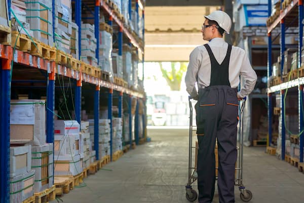 Back view of a warehouse worker with a trolley