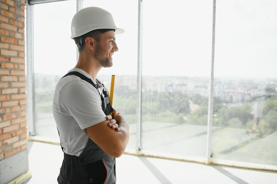Confident Construction Worker Smiling at Urban View