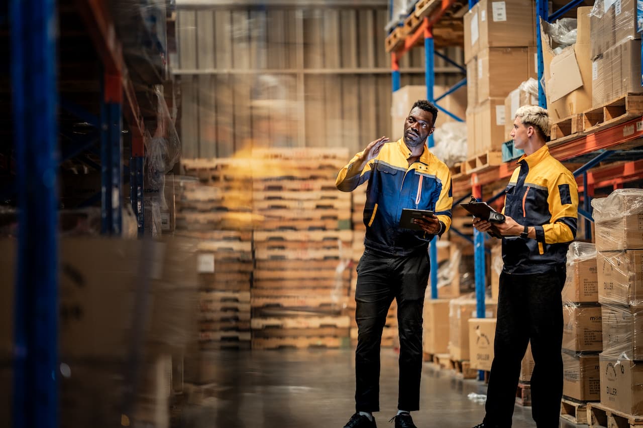 Creative reflection of diverse factory supervisors working in storehouse aisle. Industrial logistics