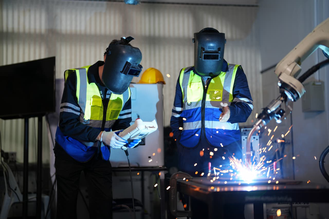 Engineers Operating Welding Robot in Industrial Setting