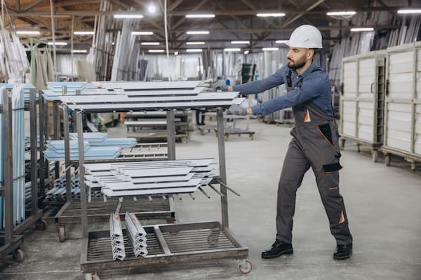 Factory worker pushing cart with aluminum profiles for windows and doors production