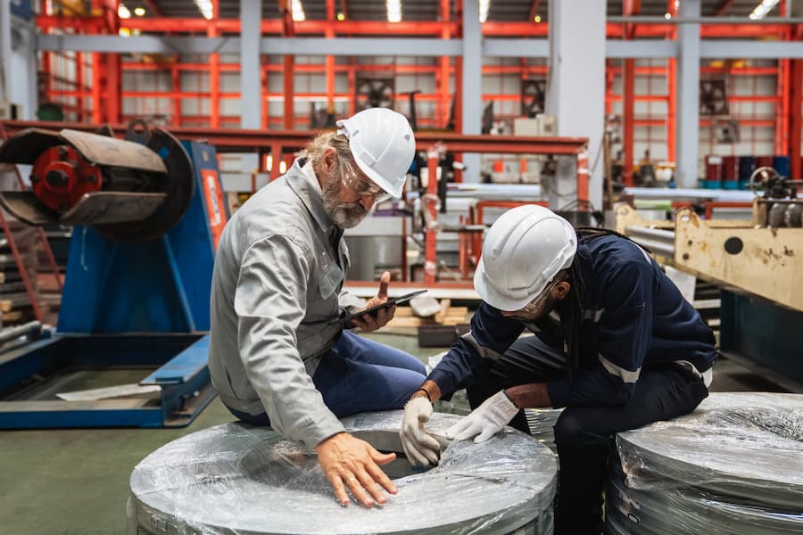 Industrial Workers Inspecting and Measuring Steel Metal Sheets Inside Modern Manufacturing Factory