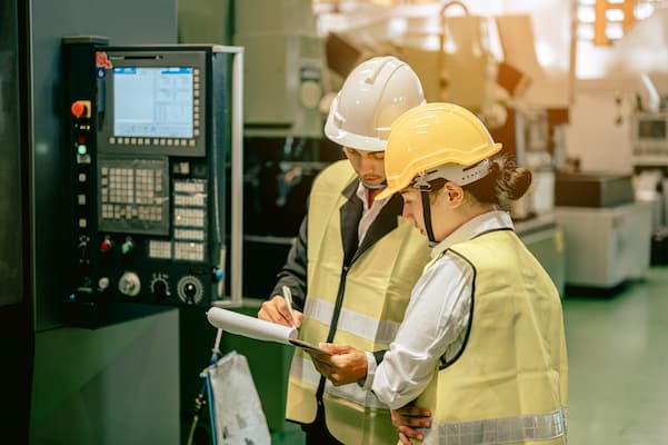 Manufacturing Engineers Collaborating at Industrial Equipment