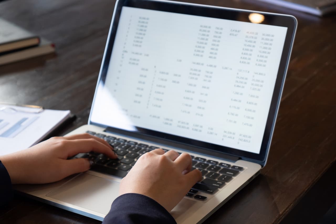 Payroll Officer Analyzing Data and Charts on laptop