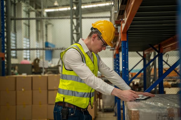 Procurement officer checking documents in warehouse