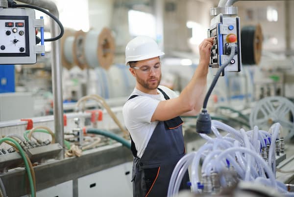 Industrial worker indoors in factory. Young technician with hard hat