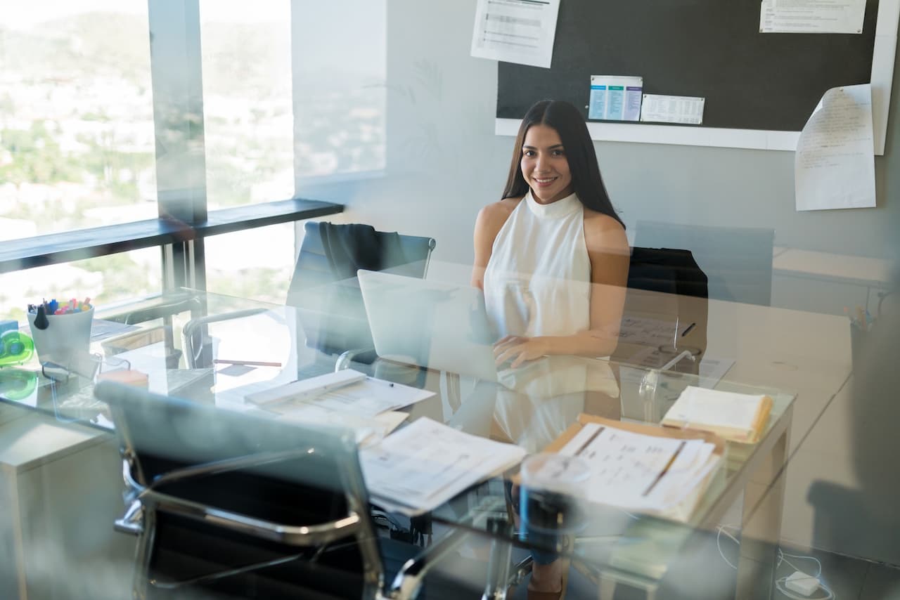 Professional Woman Working at Desk in Modern Office