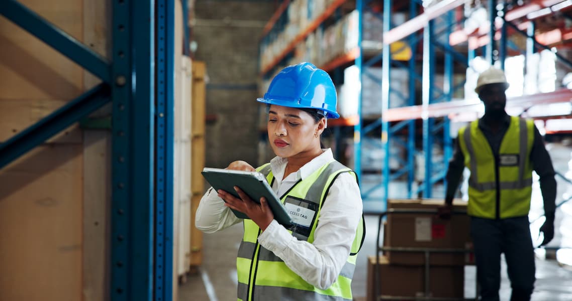 Supply chain, tablet and woman in warehouse, internet and logistic