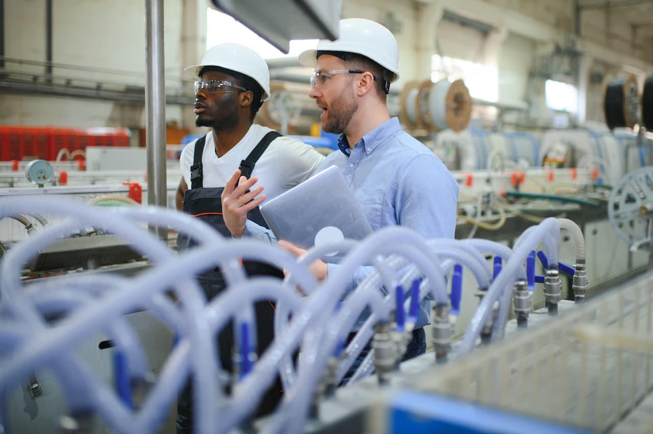 Two workers at a factory for the production of plastic windows.