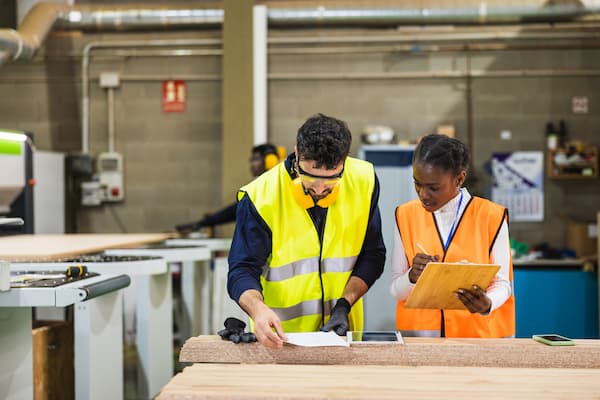 Workers checking documents and inventory in wood factory