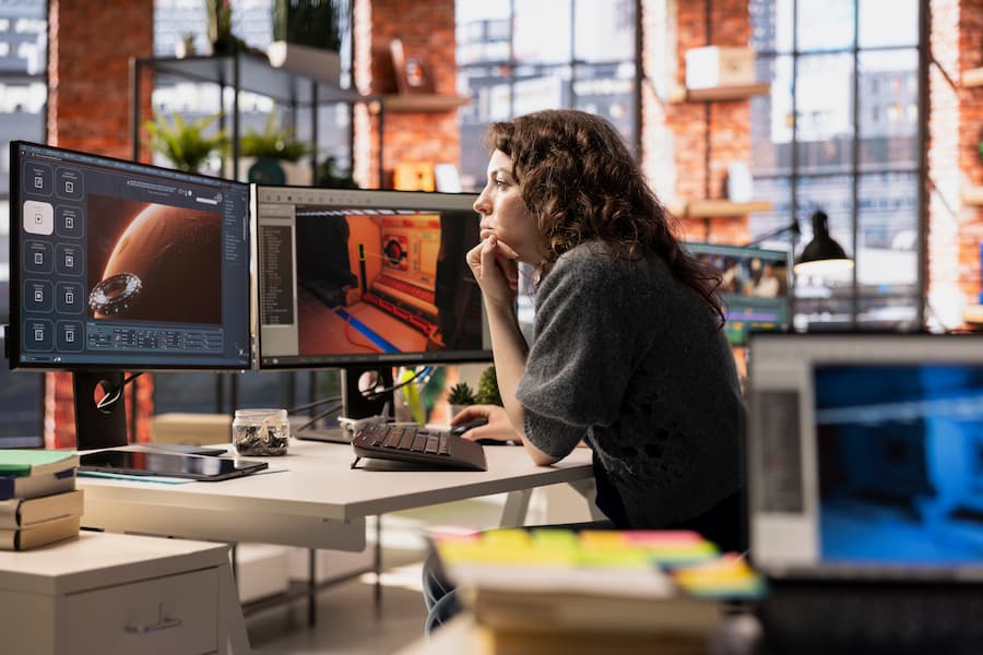 Graphic designer works at computer in modern office