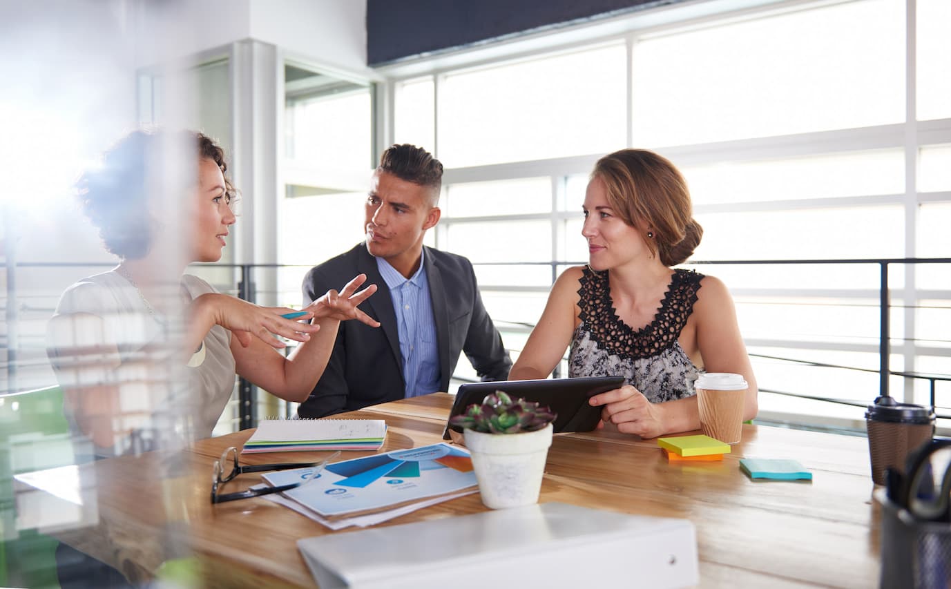 Team Of Successful Business People Having A Meeting In Executive Sunlit Office