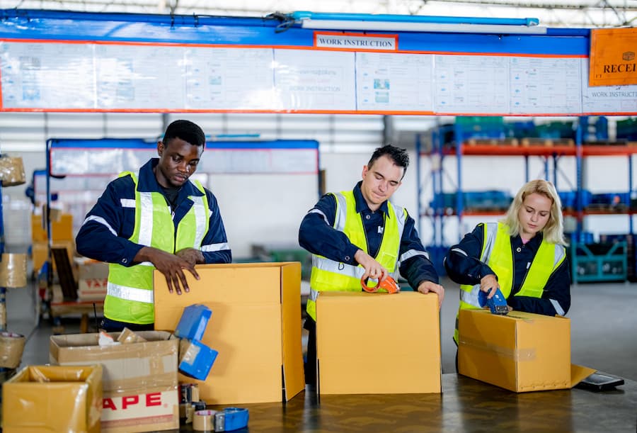 warehouse workers packing boxes for shipment