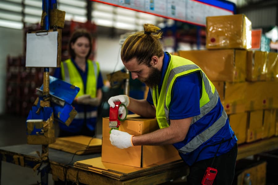 Worker seals boxes in industrial manufacturing setting